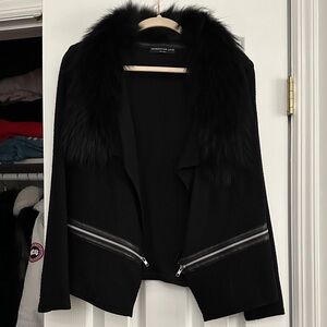 Andrew Marc Black Waffle Cardigan/Coat with Fur Trim